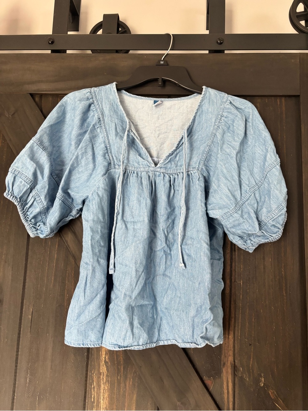 Old Navy Light Blue Denim Peasant Blouse with Tie Neck